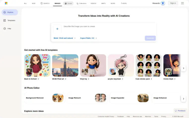 Bing Image Creator interface showing prompt controls, templates, and AI photo editing tools