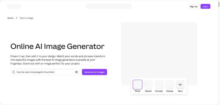 Canva AI Image Generator interface with a text prompt and style controls