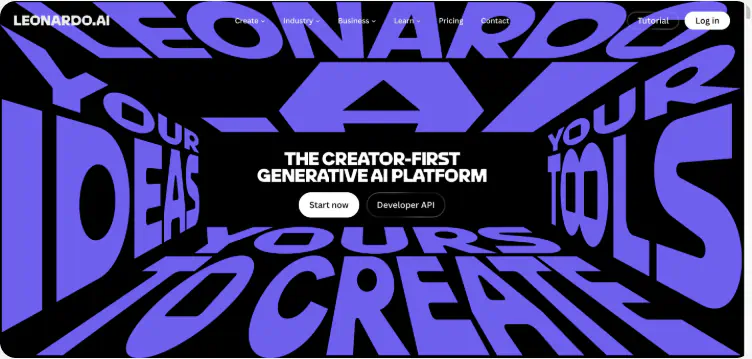 Leonardo AI landing interface for generative art and creative tools