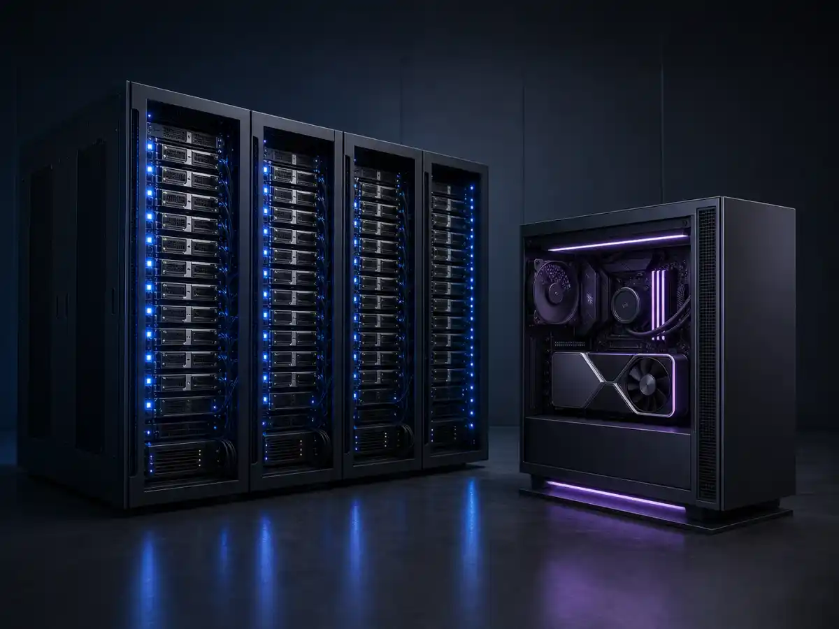 Multi-GPU server racks beside a single-GPU workstation