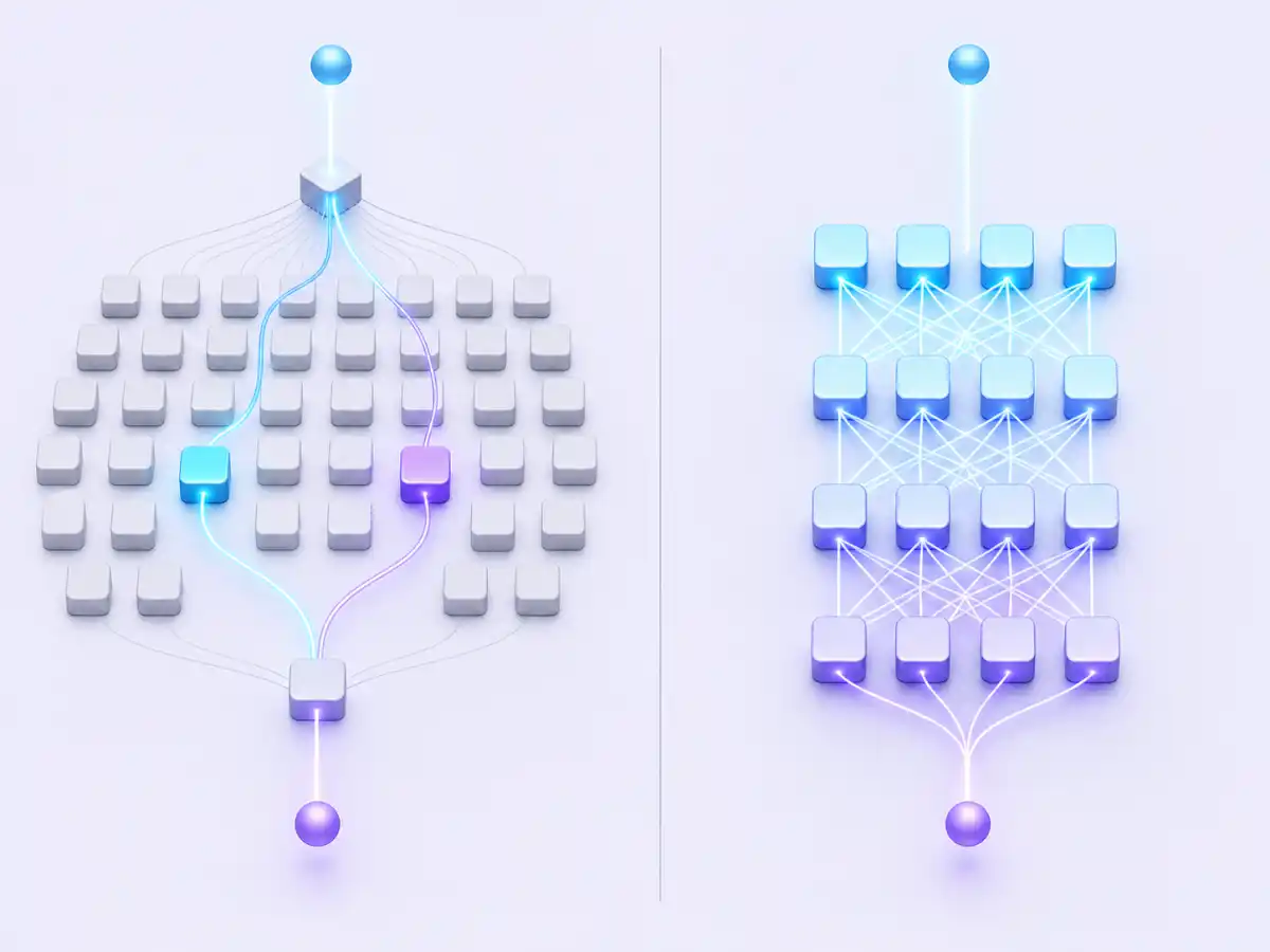 Sparse expert routing compared with a fully active dense neural network